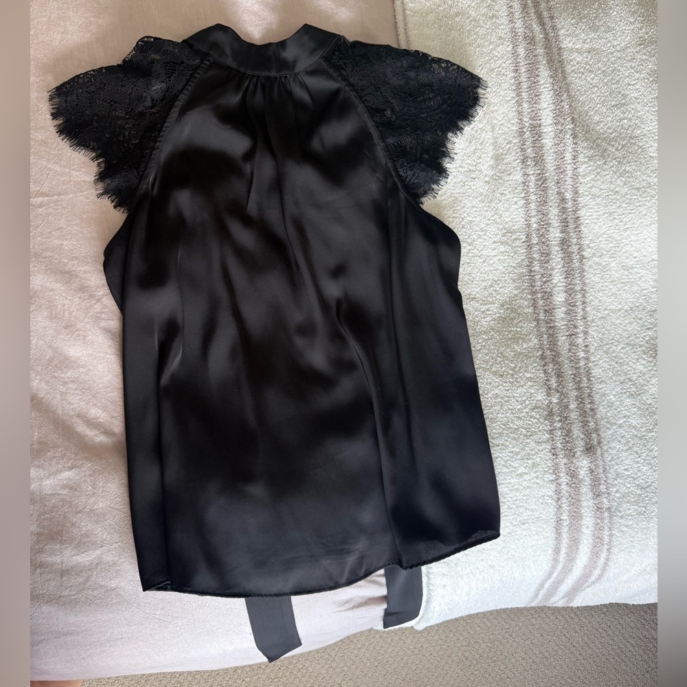 Joie Black Satin Blouse with Lace Sleeves